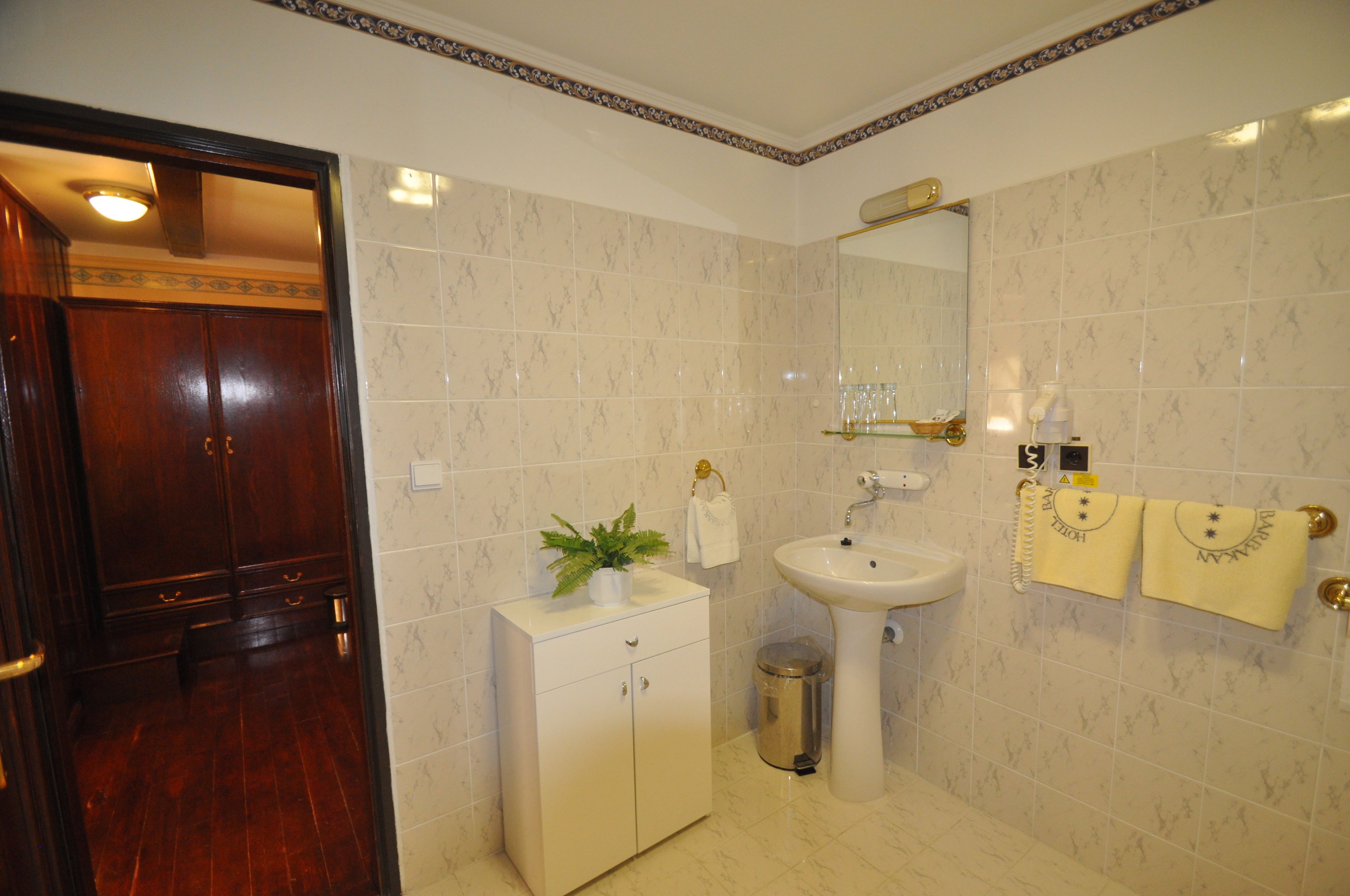 Un baño con puerta de madera, lavamanos, espejo y un cubo de basura.