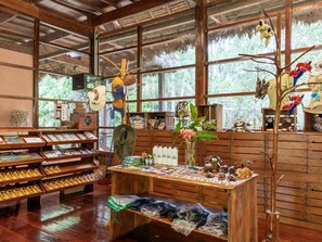 A rustic wooden interior with a wooden counter displaying various items, shelves with hats and books, and large windows with natural light.