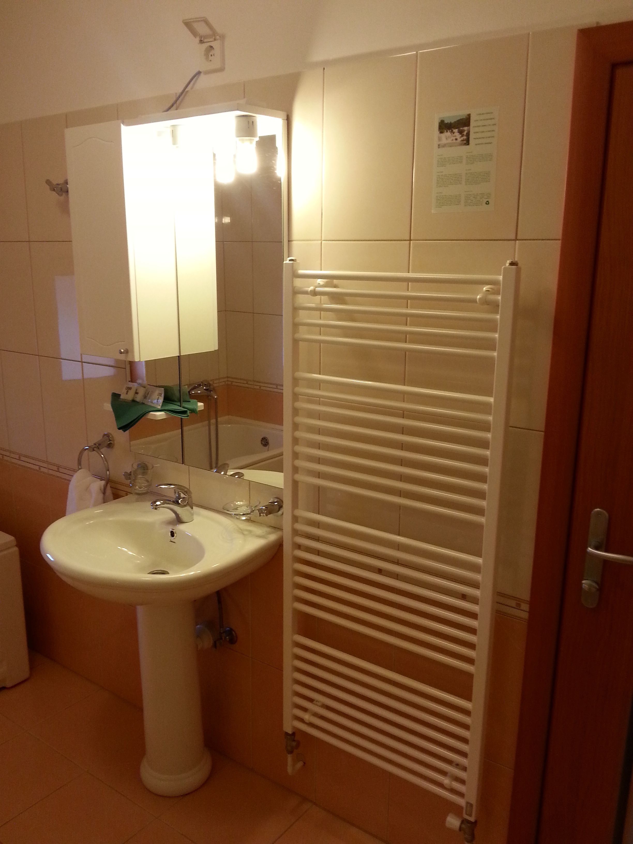 A bathroom with a white sink, mirror, and towel rack.