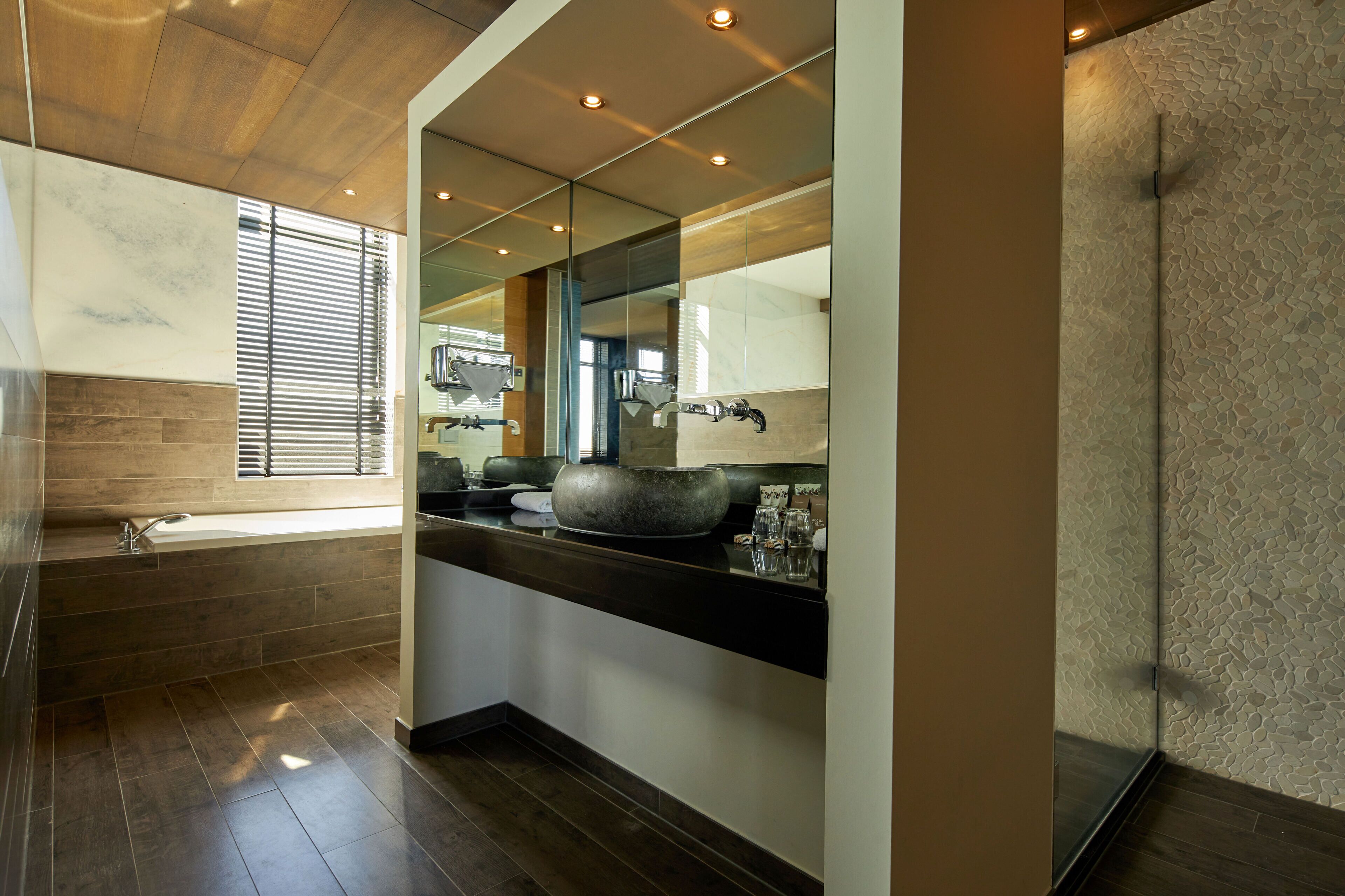 wellness blue suite | bathroom | free toiletries, hair dryer, towels, soap