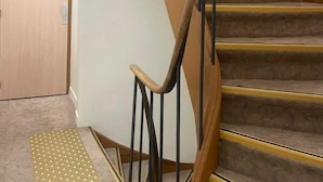 A staircase with wooden handrails and carpeted steps, leading to a door. - Hôtel de La Herse d'Or (Paris)