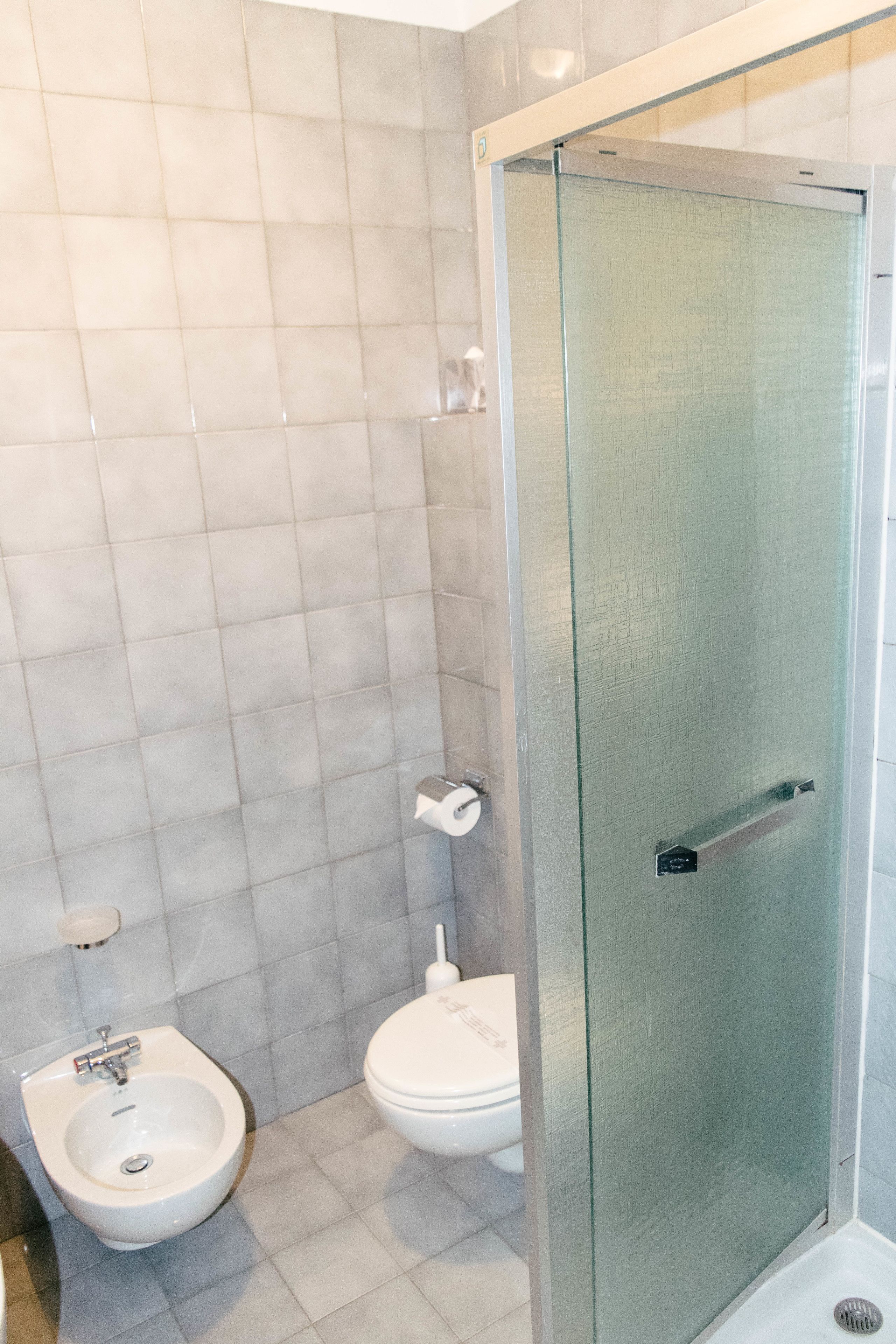 shower, hair dryer, bidet, towels