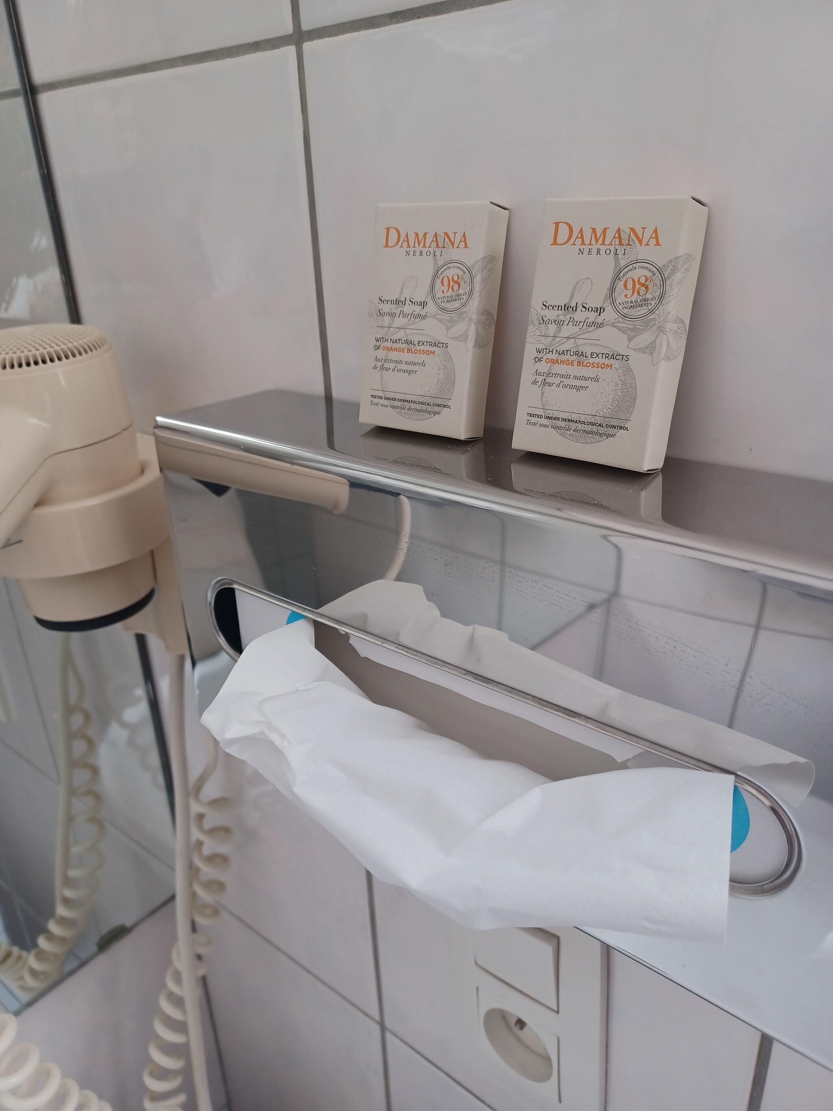 free toiletries, hair dryer, towels