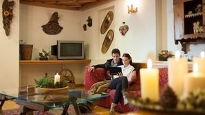 A cozy living room with a sofa, a television, and decorative wall art. - Genzianella (Valfurva)