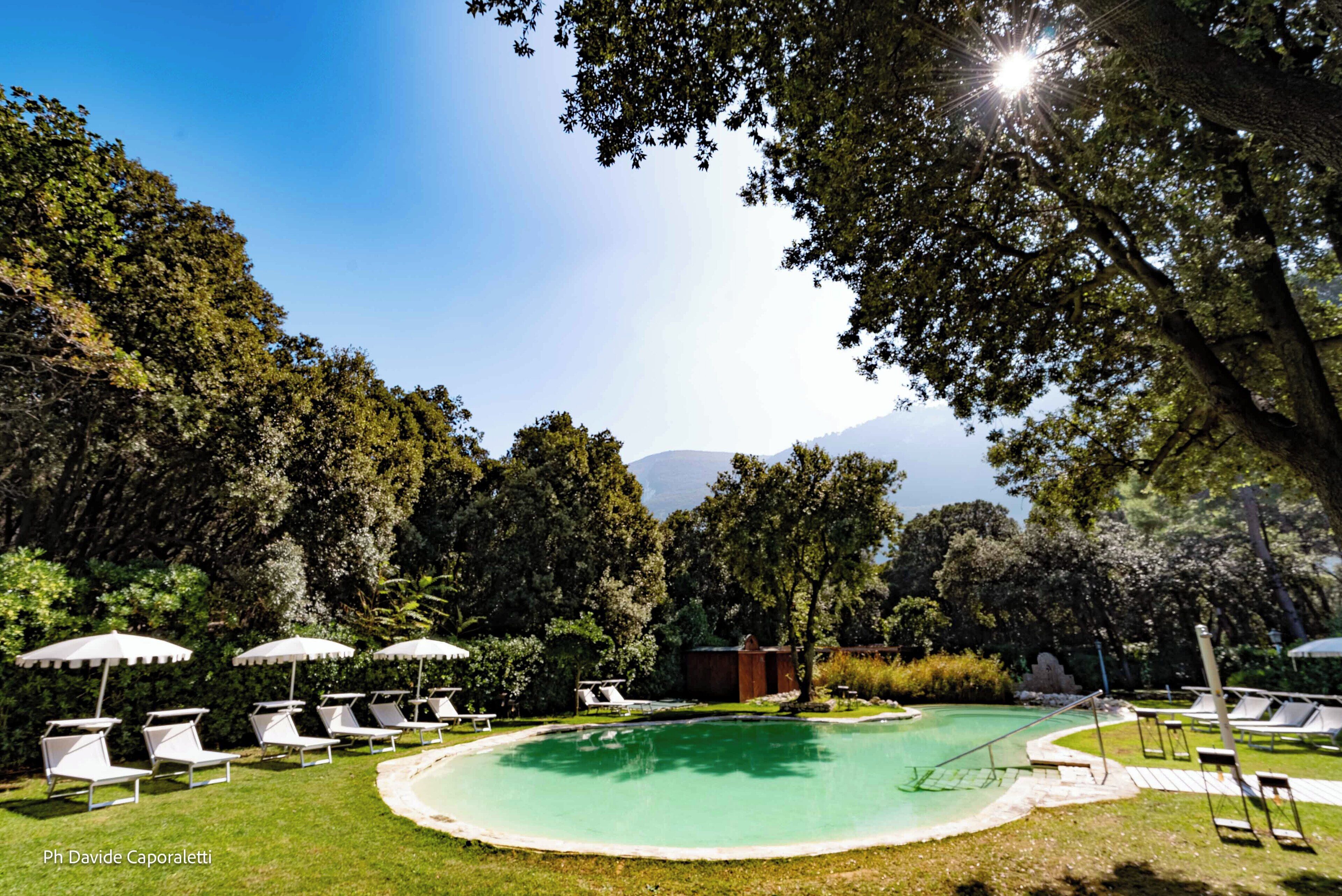 A pool area with lounge chairs and umbrellas, surrounded by trees and a mountain in the background.