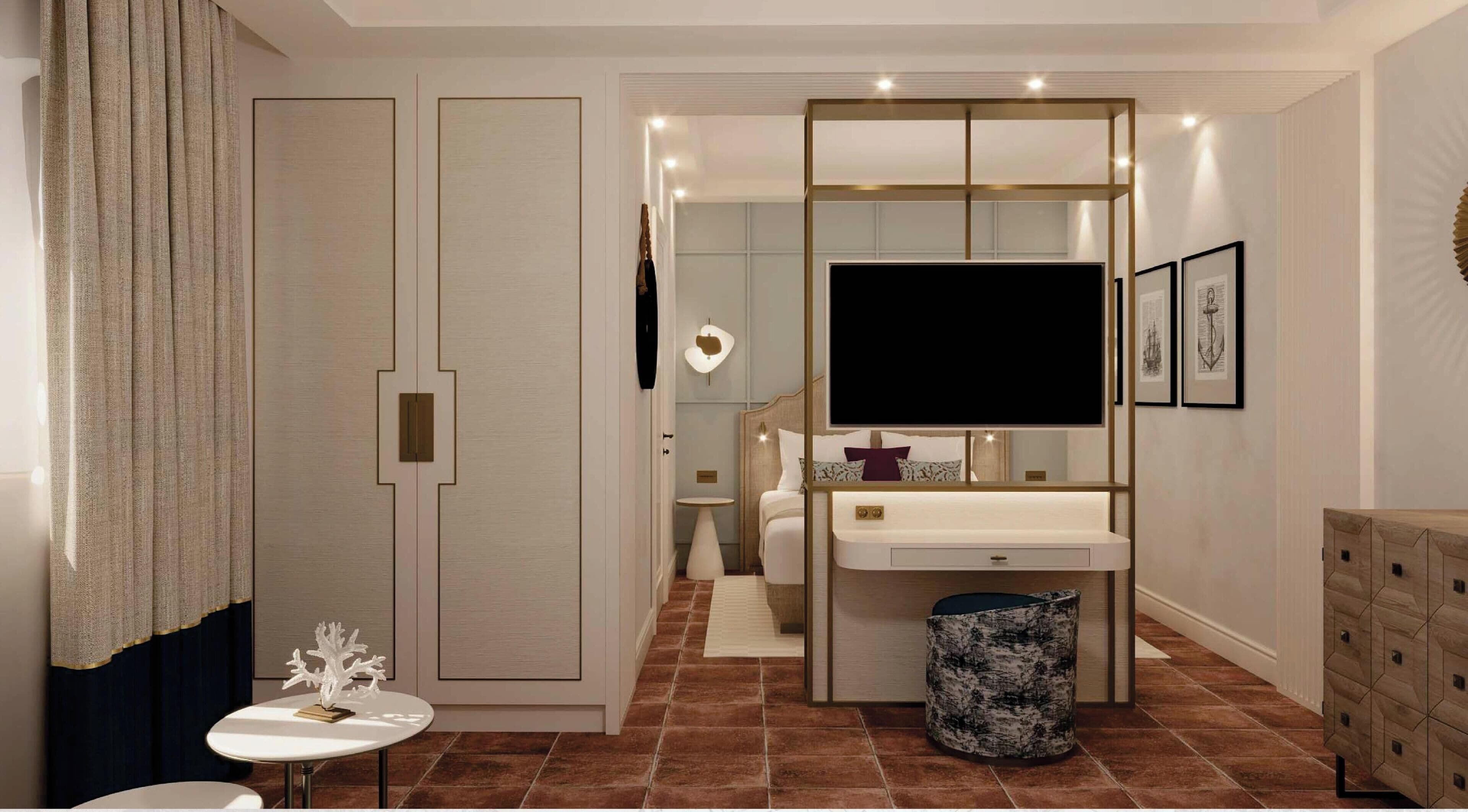 A modern bathroom with a vanity, sink, and mirror. There is a small table with a decorative item on it. The room has a tiled floor and a curtain on the left side.