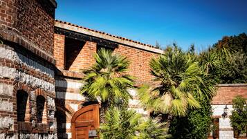 Un bâtiment historique à la façade en briques, doté d’une porte en bois et bordé de palmiers au premier plan.