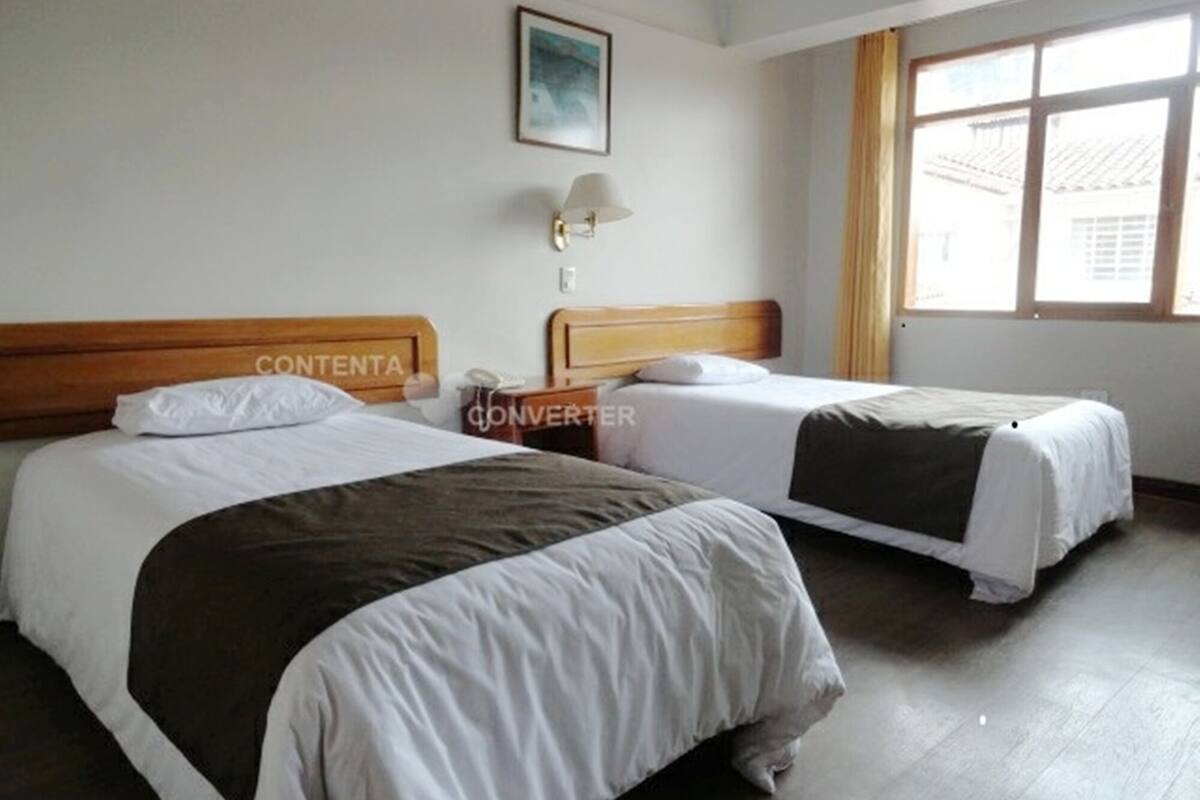 Una habitación de hotel con dos camas, un cuadro en la pared, una lámpara y una ventana con cortinas.