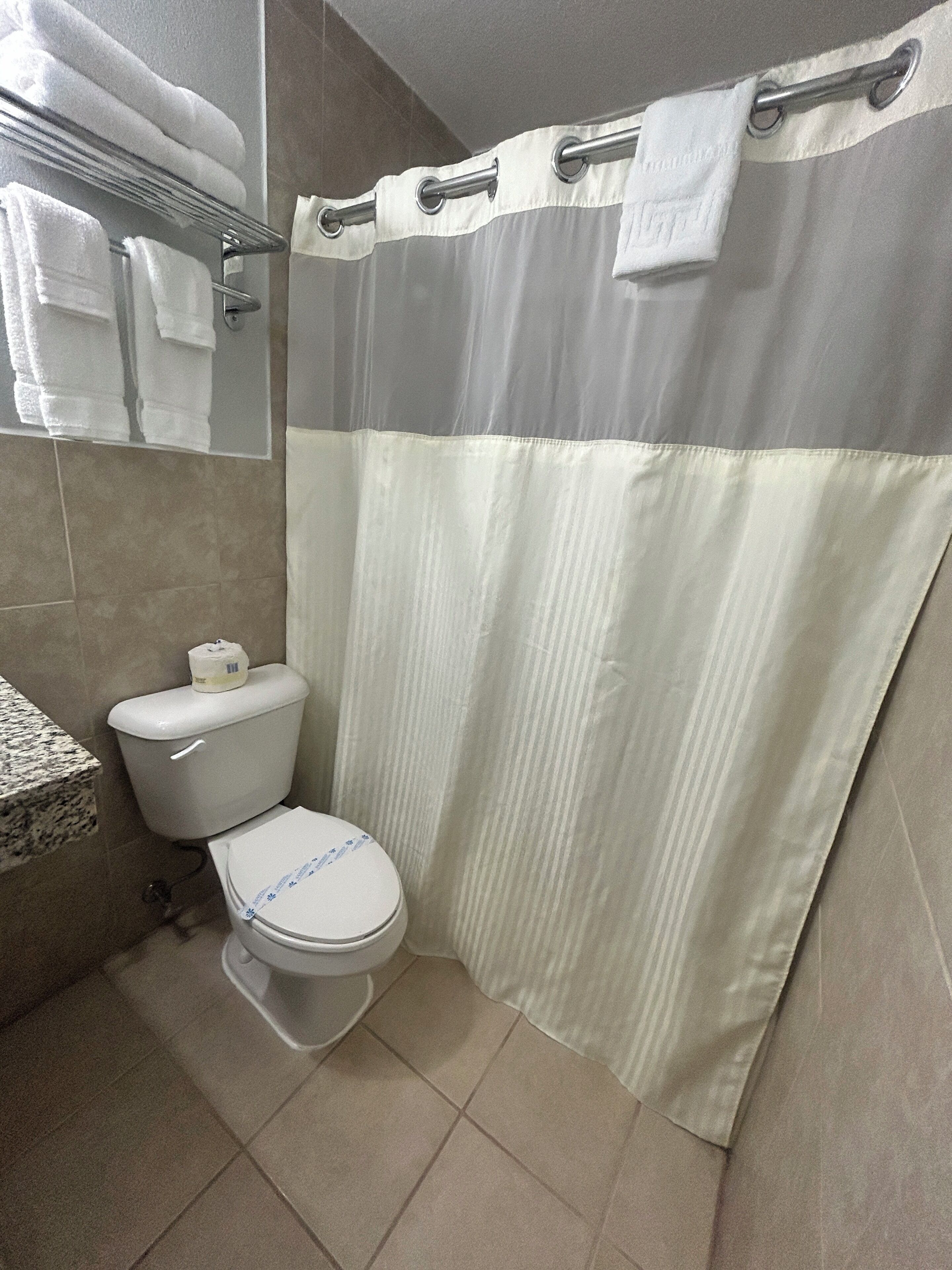 A bathroom with a toilet, a shower curtain, and a towel rack with towels.
