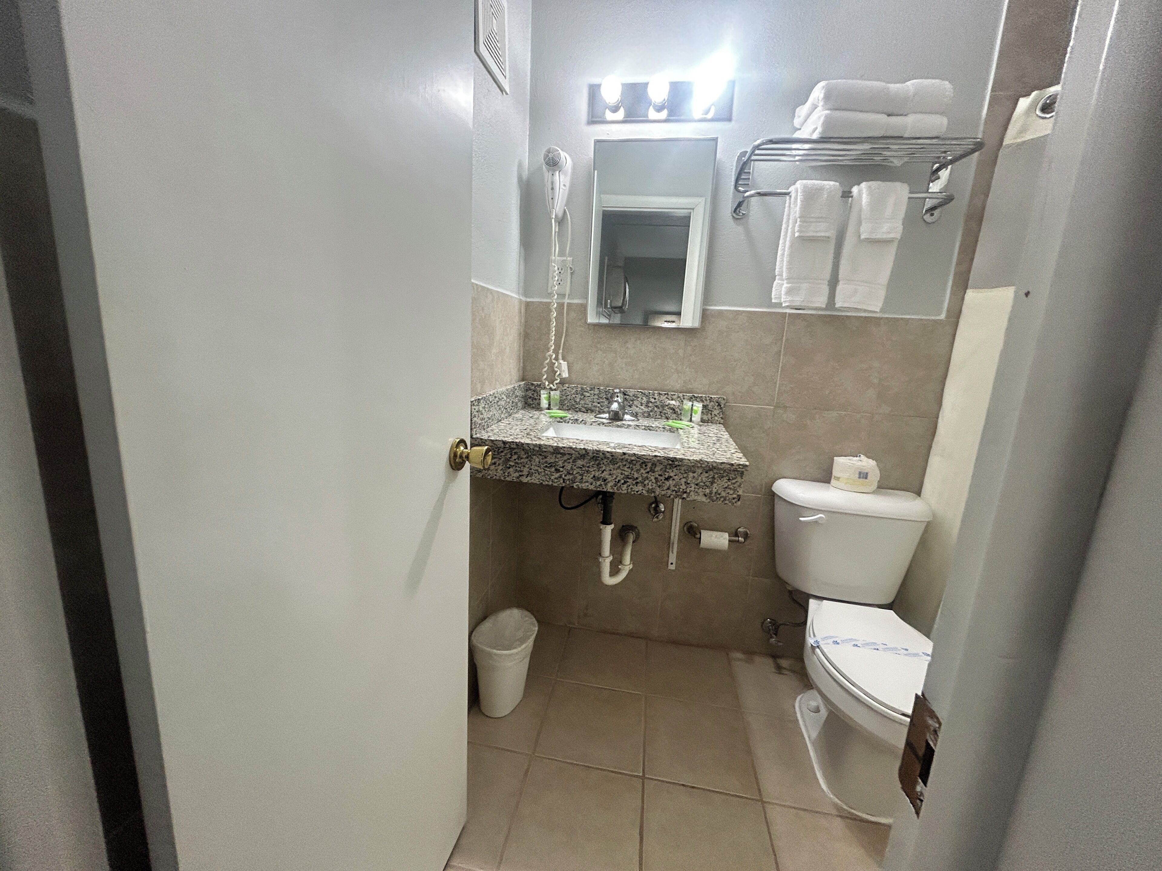 Un baño pequeño con lavamanos de granito, un inodoro y un cubo de basura.