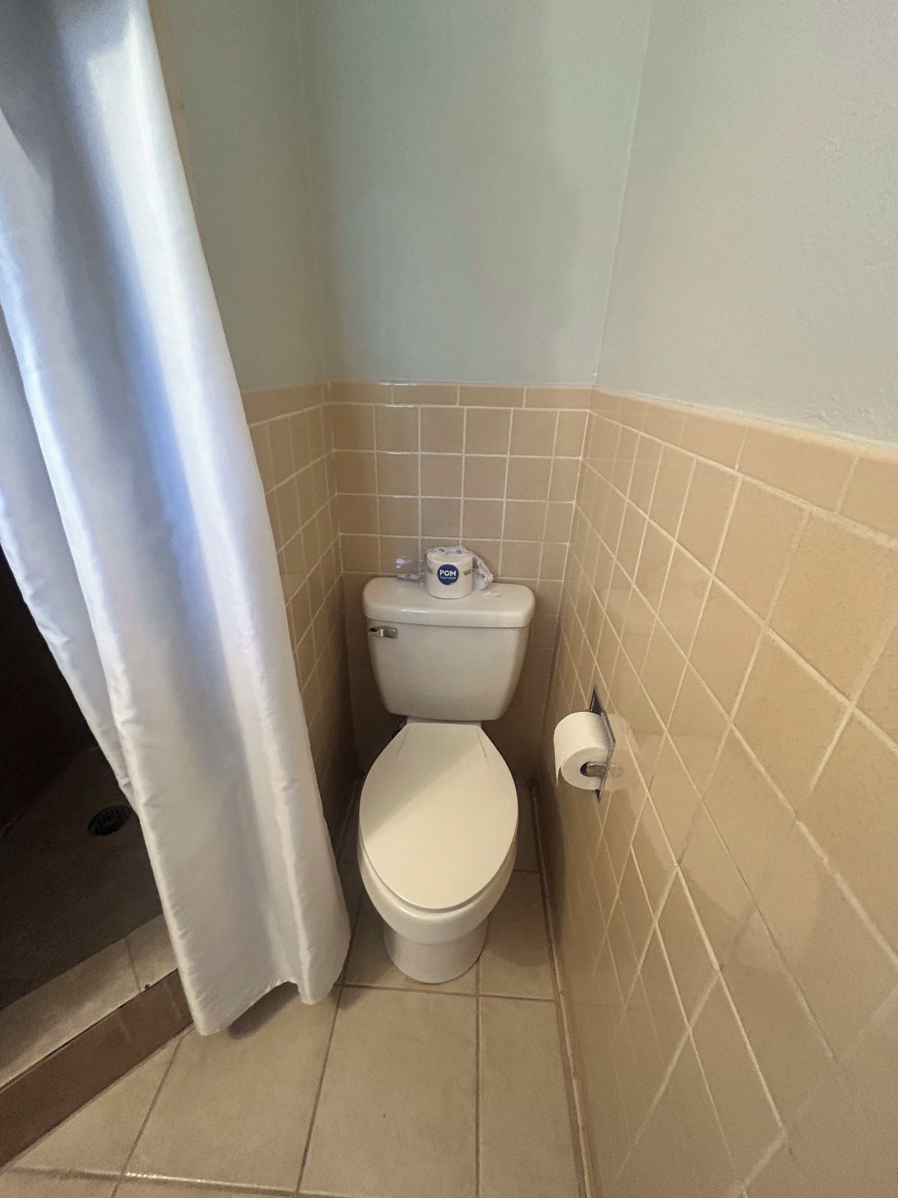 Ein kleines Badezimmer mit Toilette, Toilettenpapier und einer Duschvorhang.