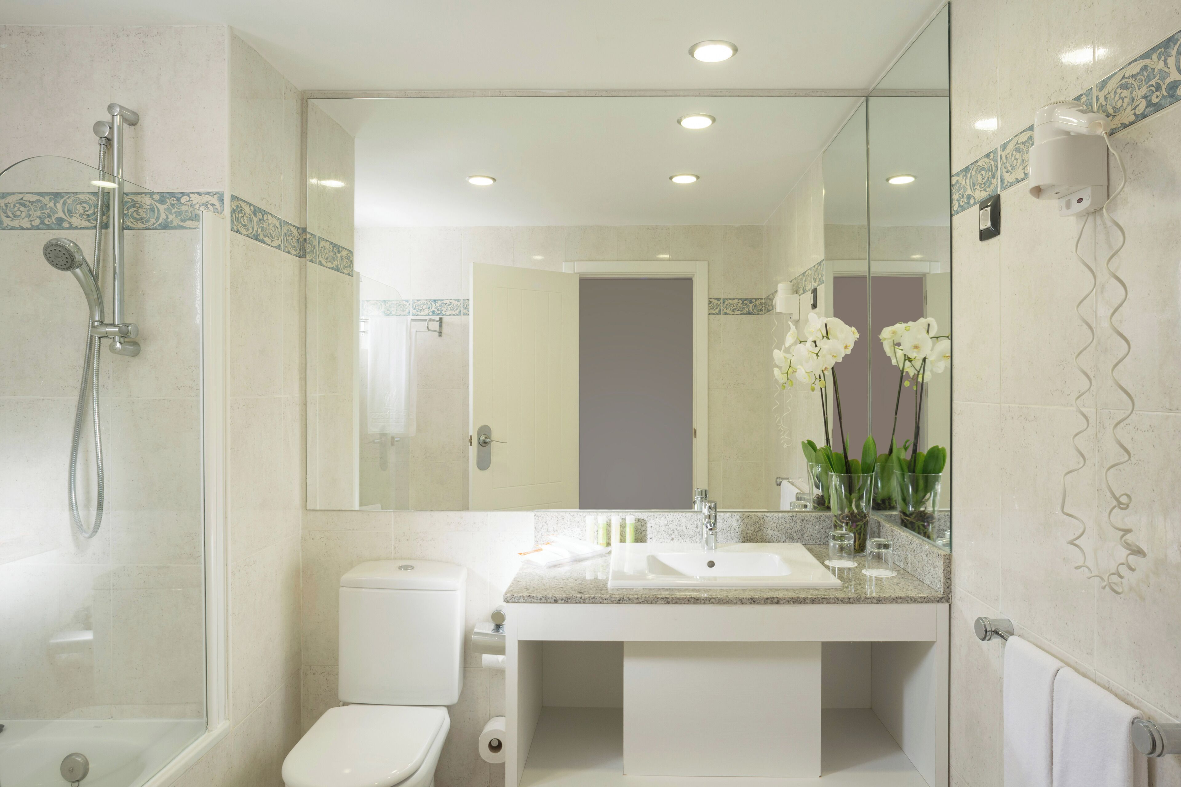 A modern bathroom with a glass-enclosed shower, a white toilet, a sink with a mirror above it, and decorative plants.