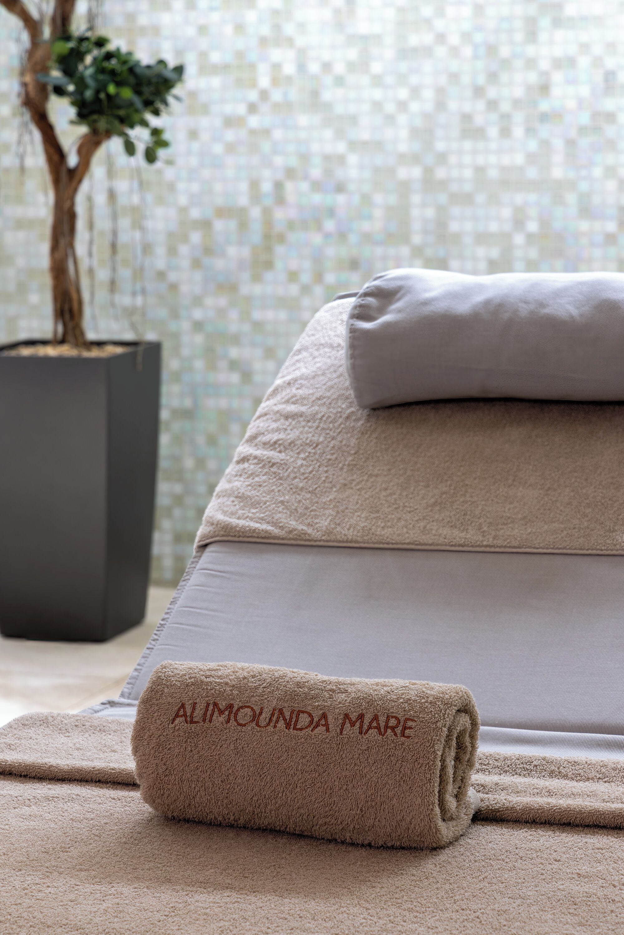 Una cama bien hecha con una toalla enrollada que dice 'ALIMOUNDA MARE' y una planta en maceta al fondo.
