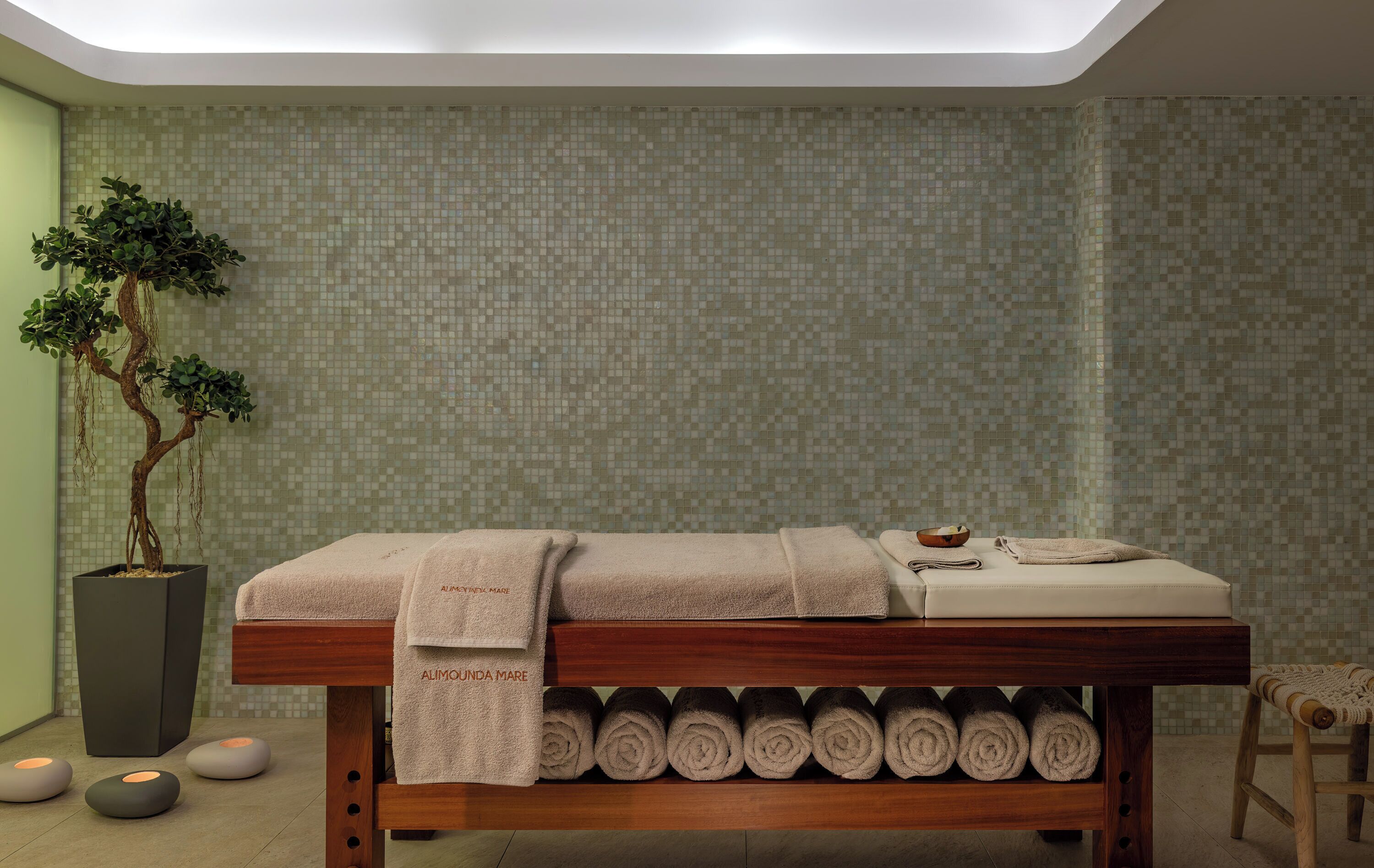 Una stanza spa con un lettino da massaggio in legno, una pianta in vaso e un muro rivestito di piastrelle.
