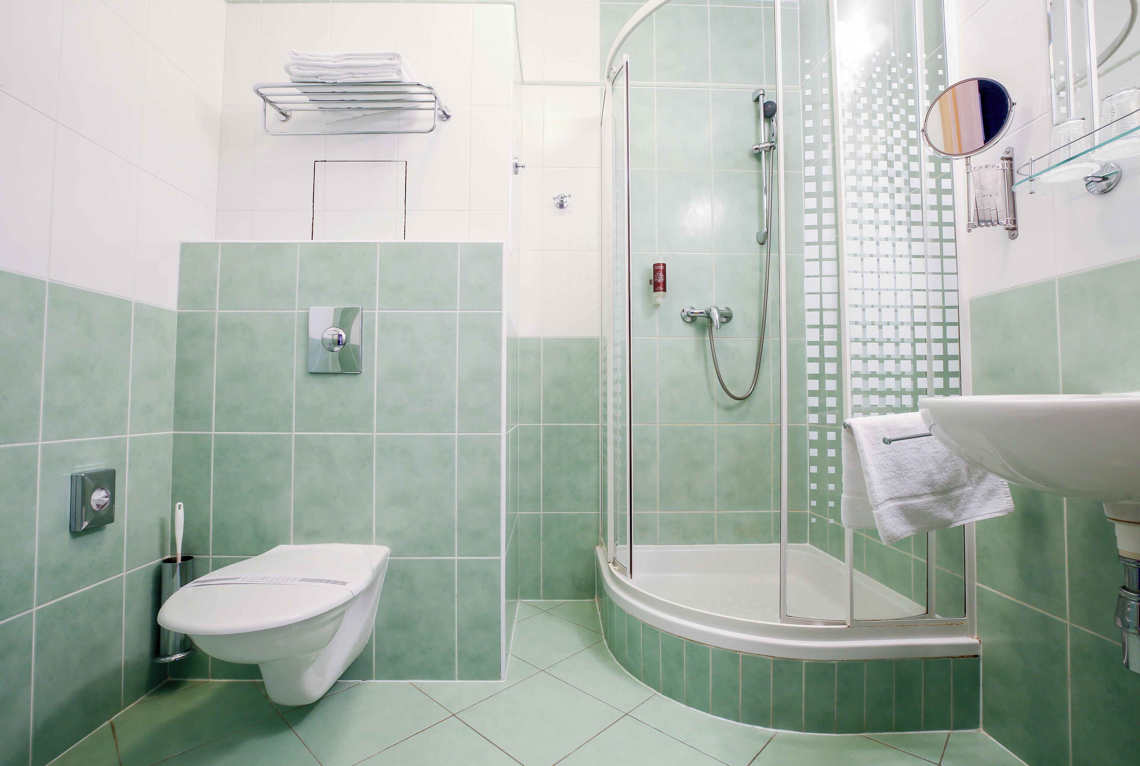 Une salle de bain avec des toilettes, une douche et un lavabo.