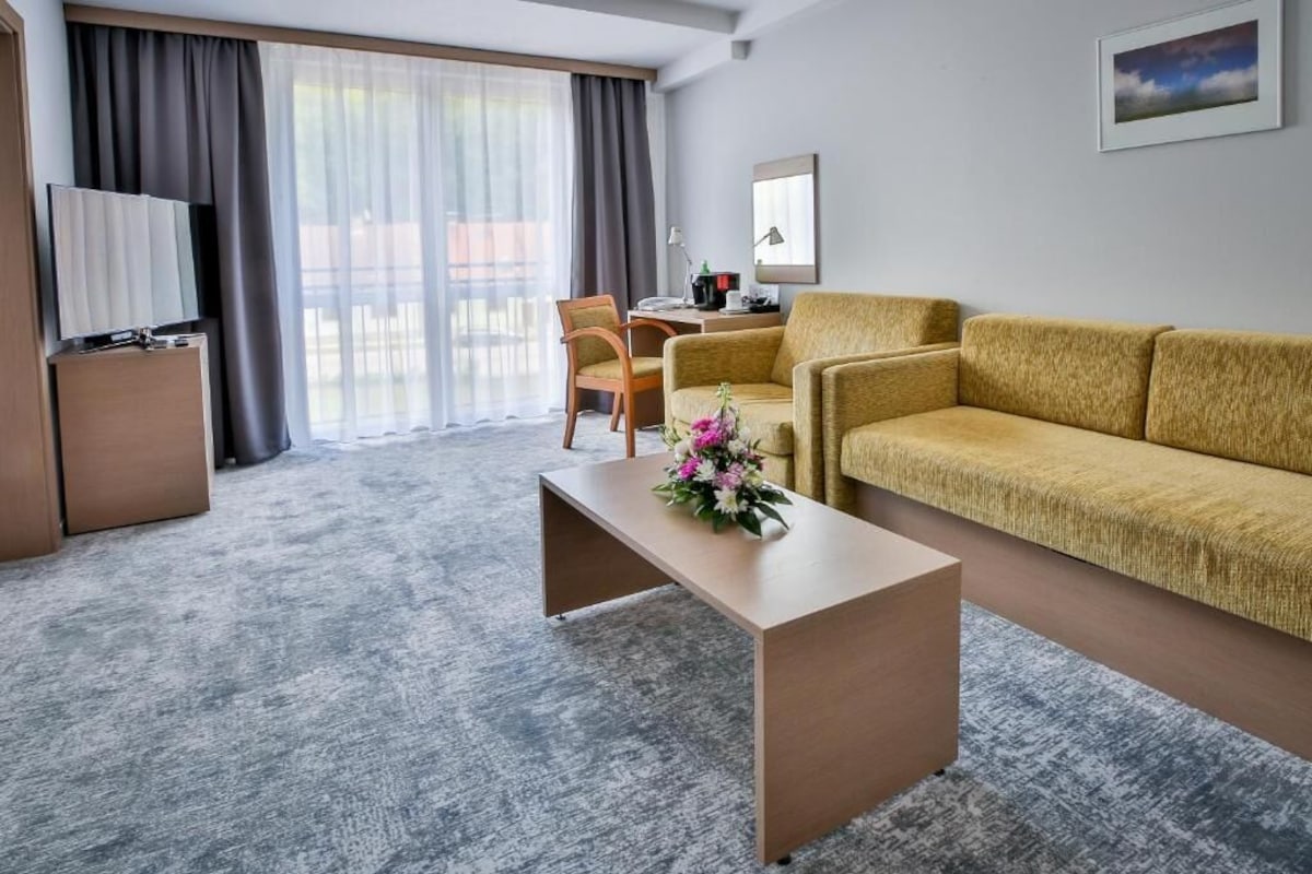 A hotel room with a sofa, a coffee table with flowers, a TV, a desk, and a chair.