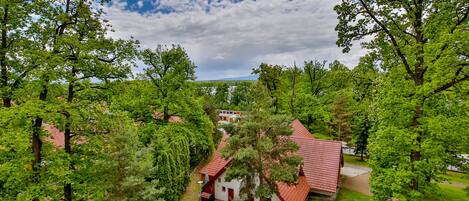 A house surrounded by lush greenery, with a red roof and a visible driveway leading to the entrance.