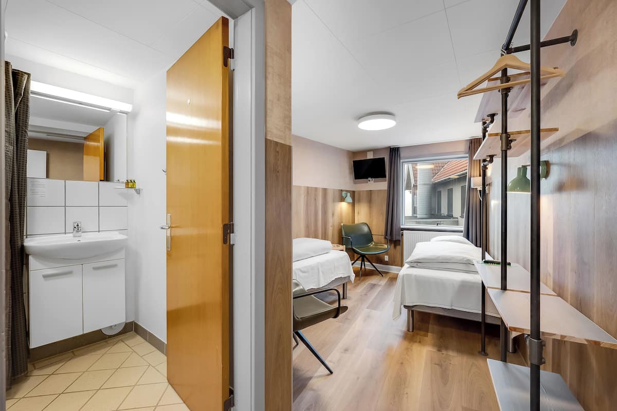 Una habitación de hotel con suelo de madera, una cama, un escritorio, una silla, un televisor y un baño con lavamanos y espejo.