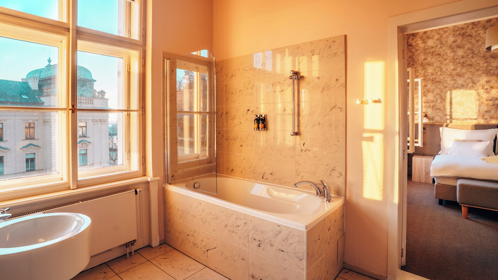 superior double room | bathroom | free toiletries, hair dryer, bathrobes, slippers