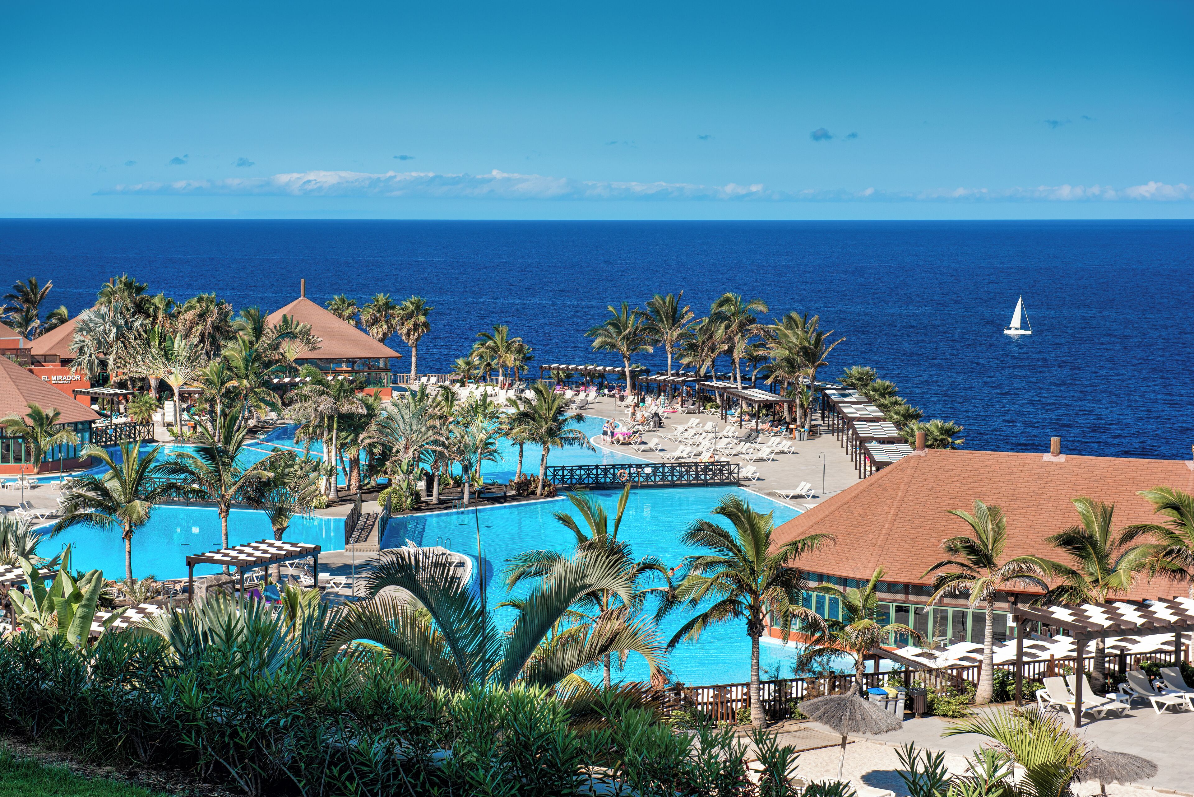 A resort with a large pool, palm trees, and a view of the ocean.