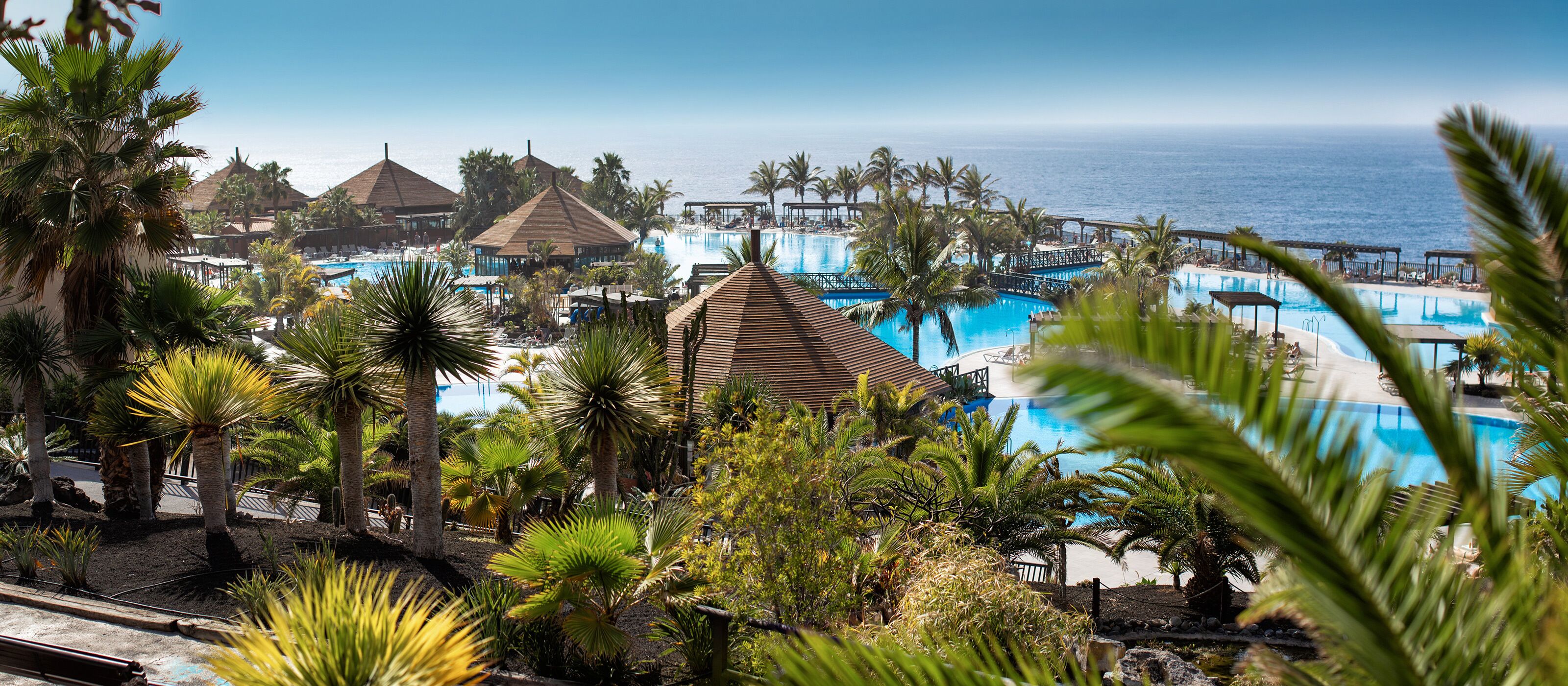 A resort with multiple swimming pools, palm trees, and a view of the ocean.