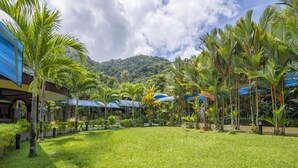 A lush garden with palm trees and a mountain backdrop.