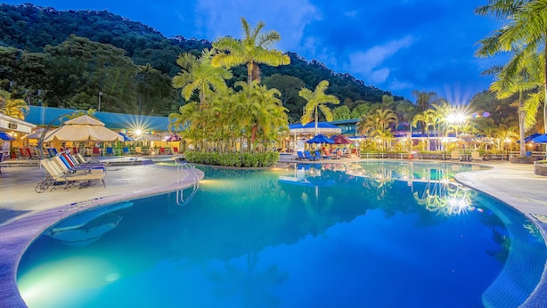 A swimming pool with lounge chairs and umbrellas, surrounded by palm trees and a mountain backdrop.
