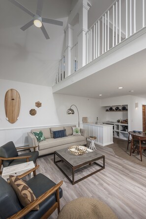1 Bedroom Open Loft | Living area | 44-inch flat-screen TV with cable channels, TV, fireplace
