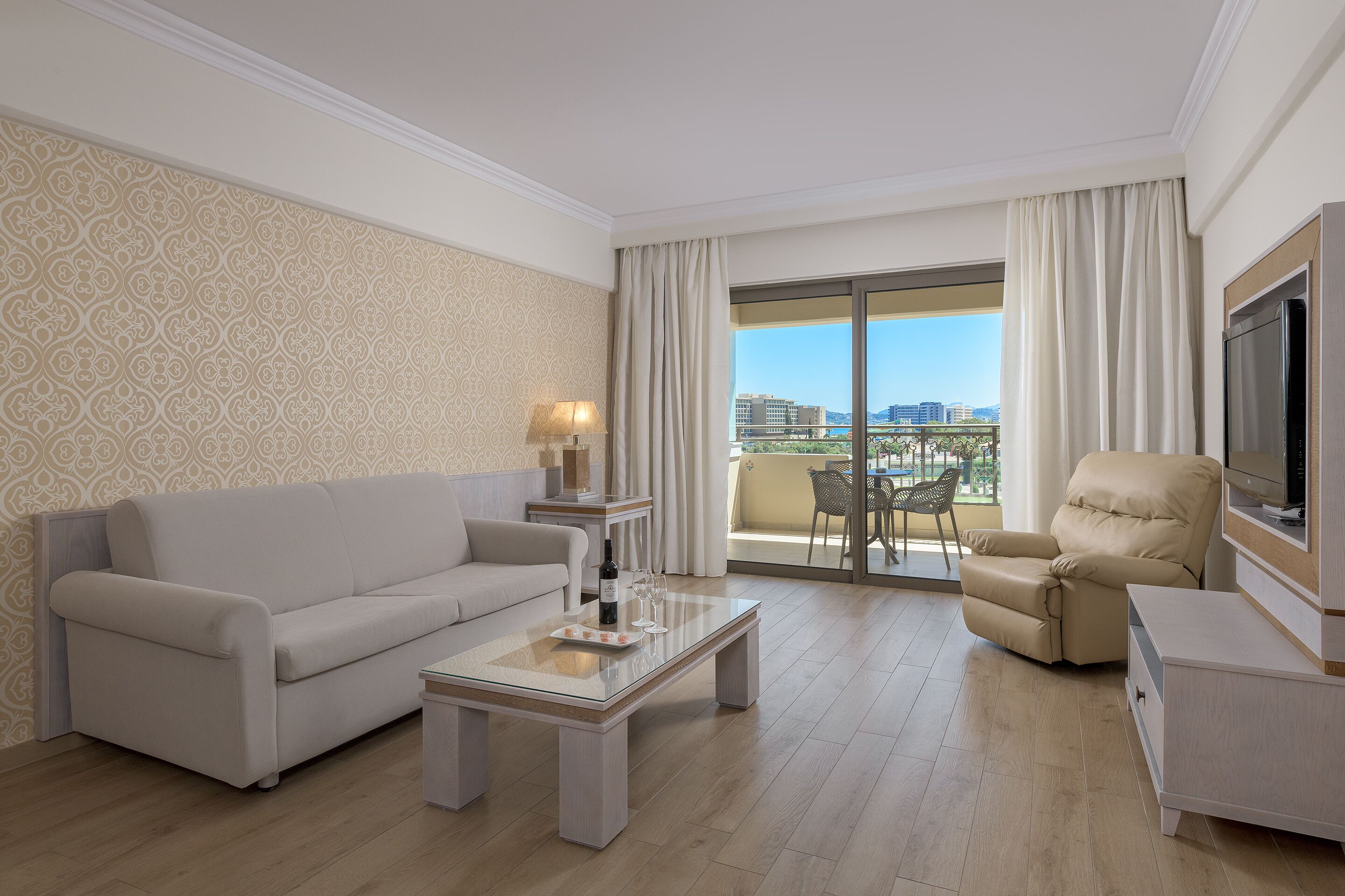 junior suite, sea view | living area | 37-inch lcd tv with satellite channels, tv, pay films