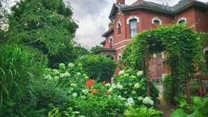 Un edificio de ladrillo rojo con un jardín delantero.