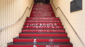A staircase with red steps and a glass ceiling, leading to a hotel entrance.
