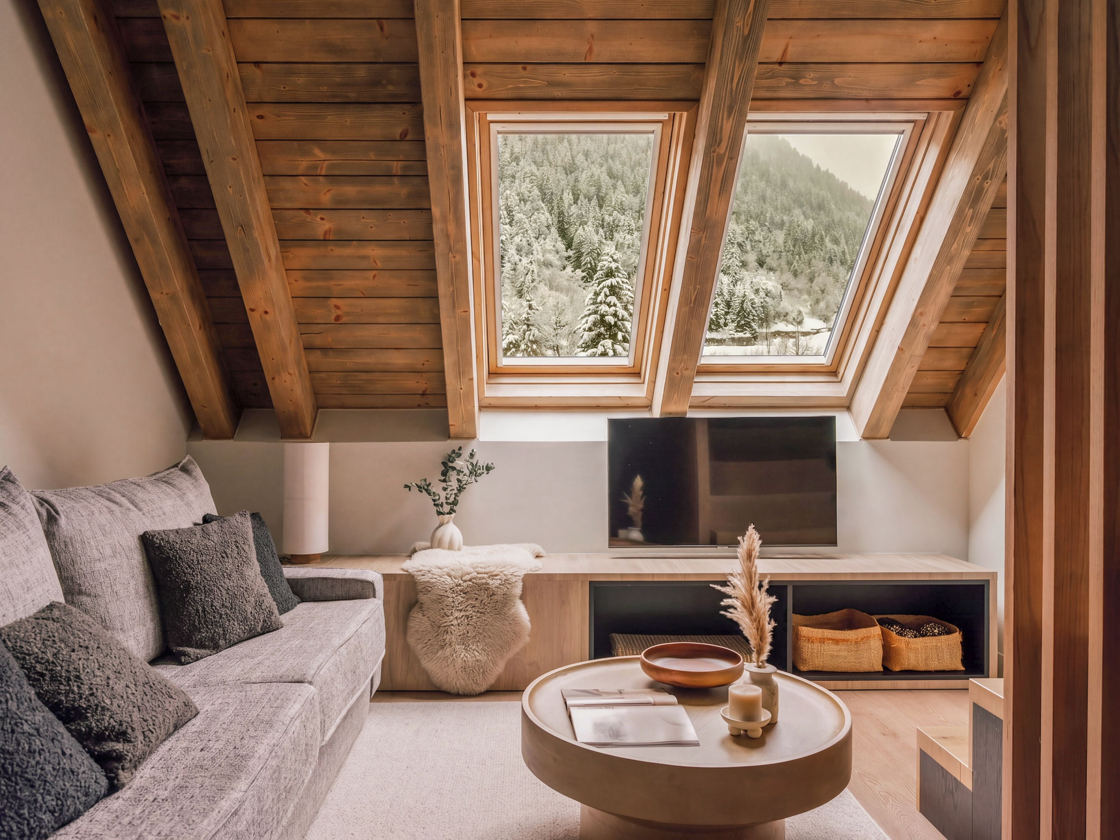 A cozy living room with a wooden ceiling, a sofa, a coffee table with decorative items, and a TV.