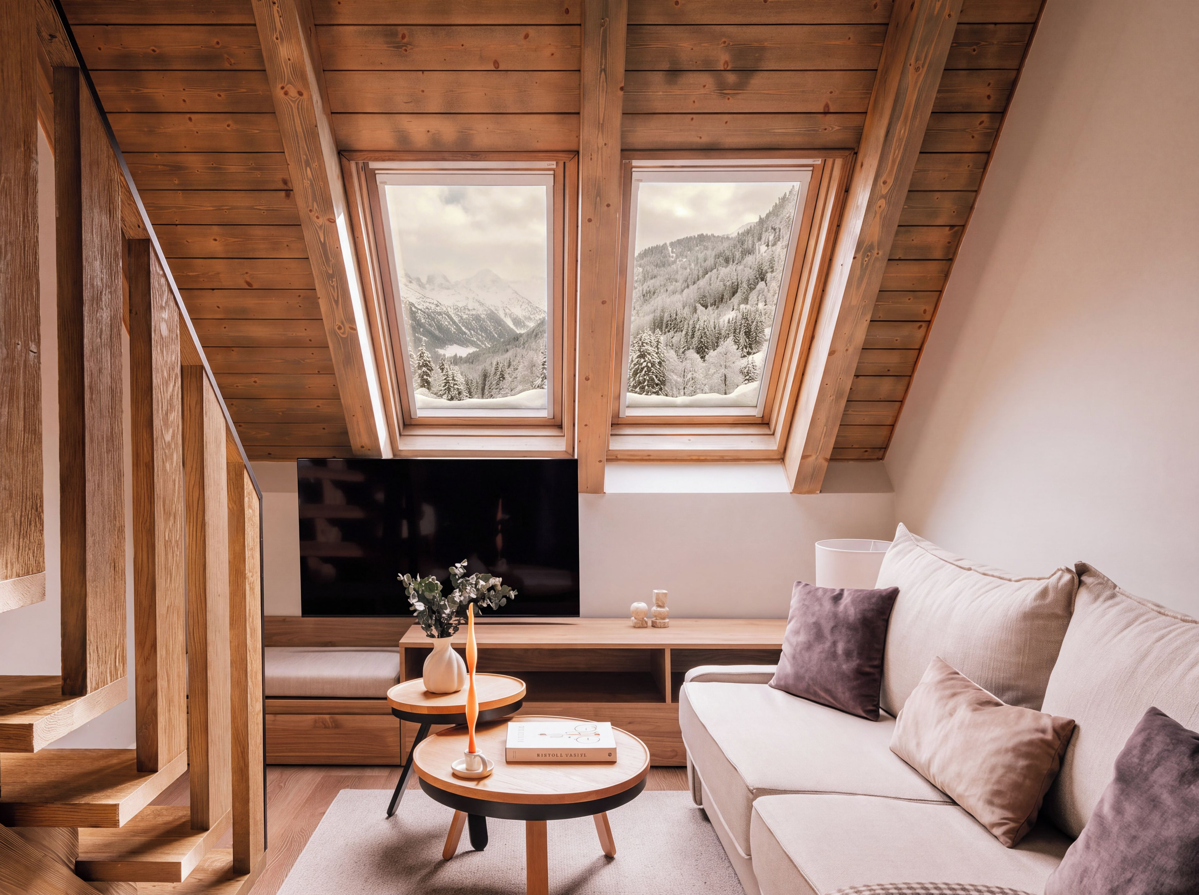 Un dormitorio tipo loft acogedor, con techo de madera, un ventanal con vistas a una montaña nevada, un sofá y una mesita con un libro y una vela.