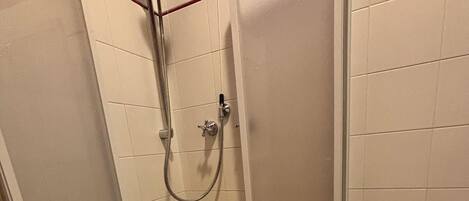 Un box de ducha pequeño y cerrado con puerta, un inodoro y un dispensador de toallas.