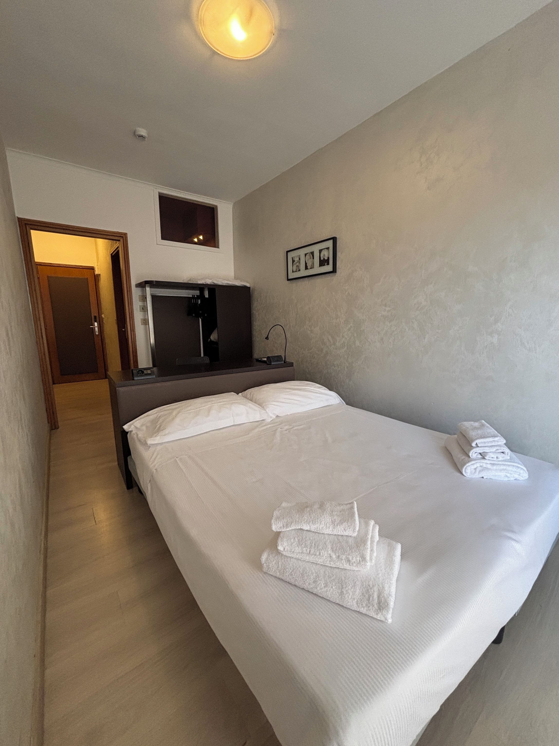 A hotel room with a bed, a desk, a television, and a wall-mounted picture frame.