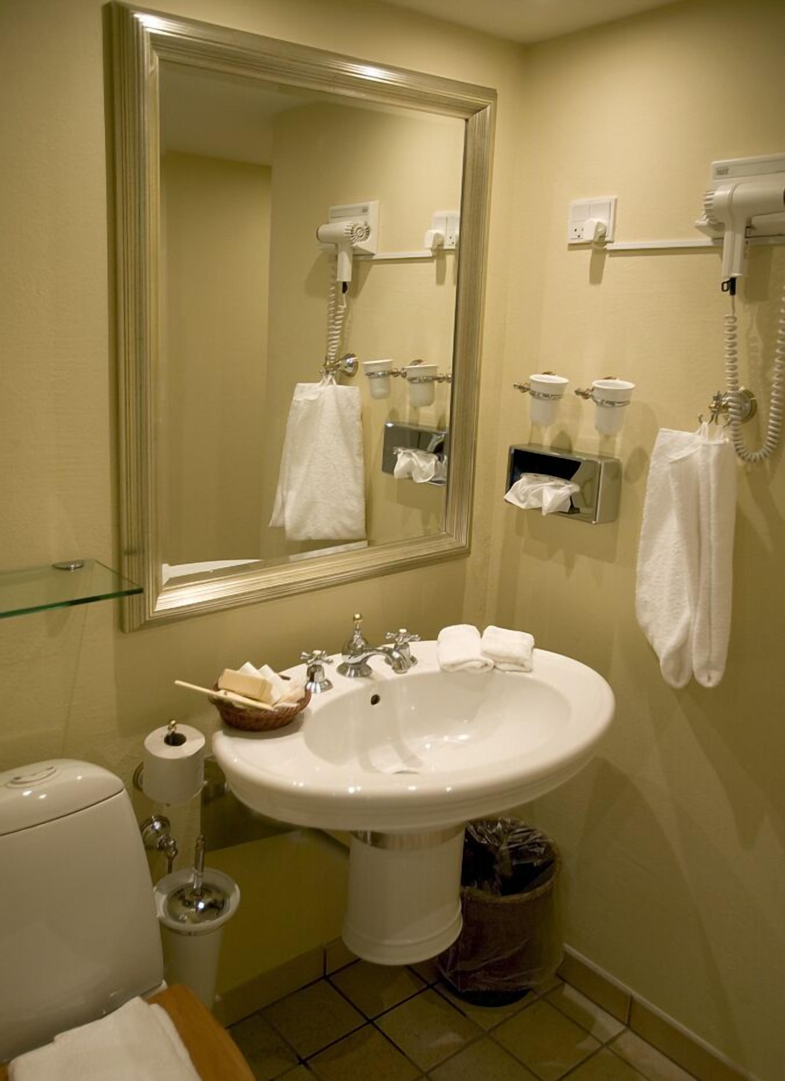 A bathroom with a large mirror, a sink, a toilet, and a trash can.