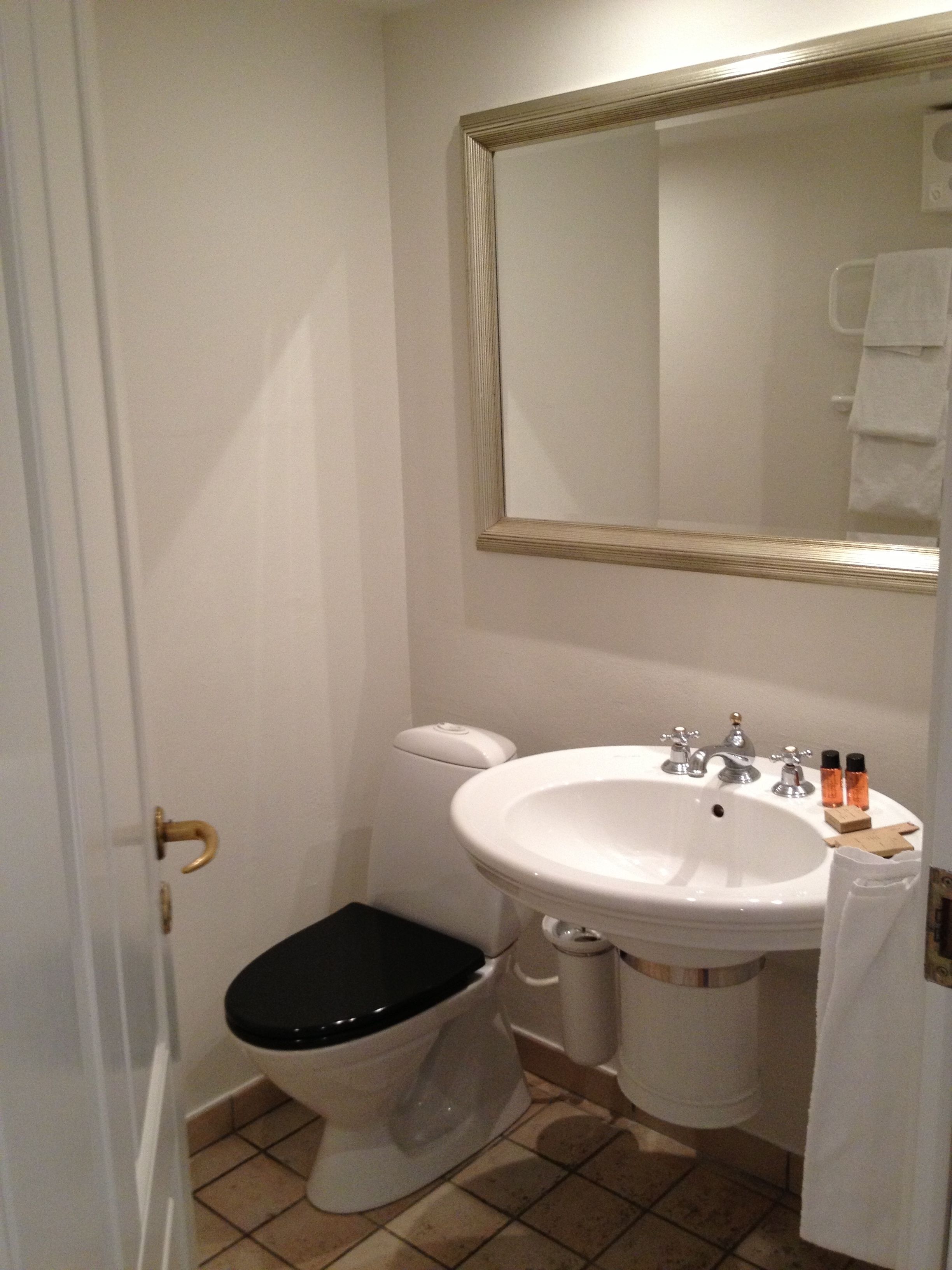 A small bathroom with a toilet, sink, and mirror.