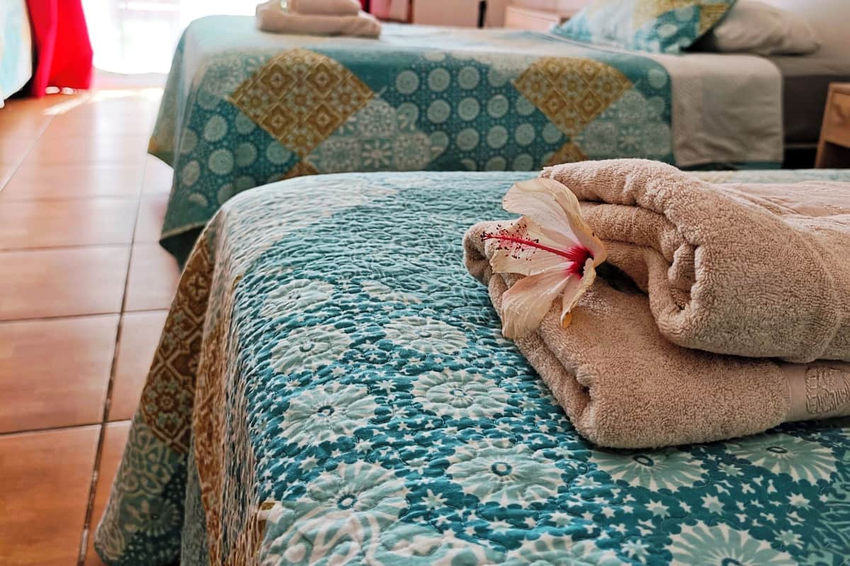 A hotel room with two beds, each with patterned bedding, a fan, and a window with red curtains.