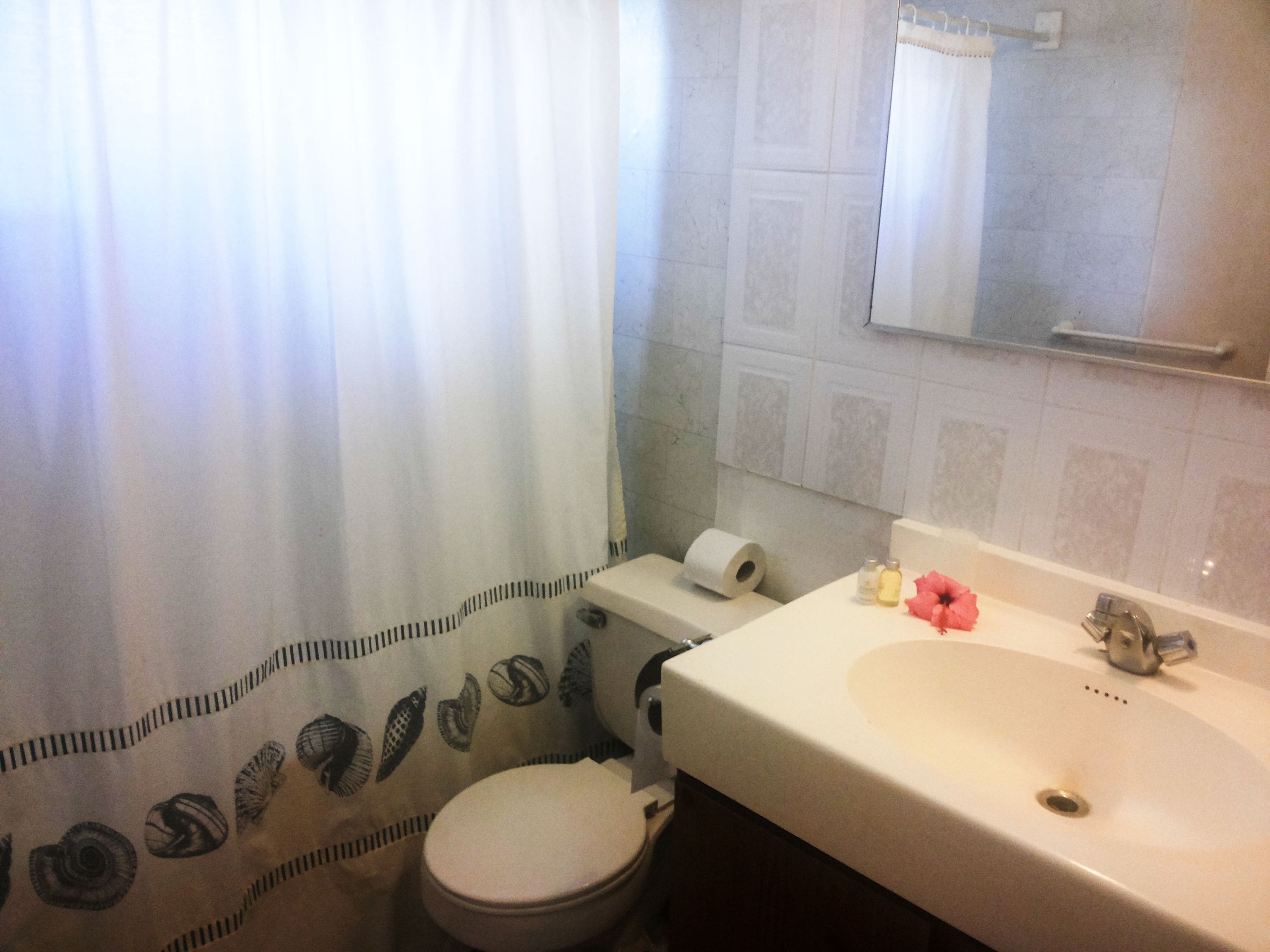 A bathroom with a toilet, sink, and shower curtain.