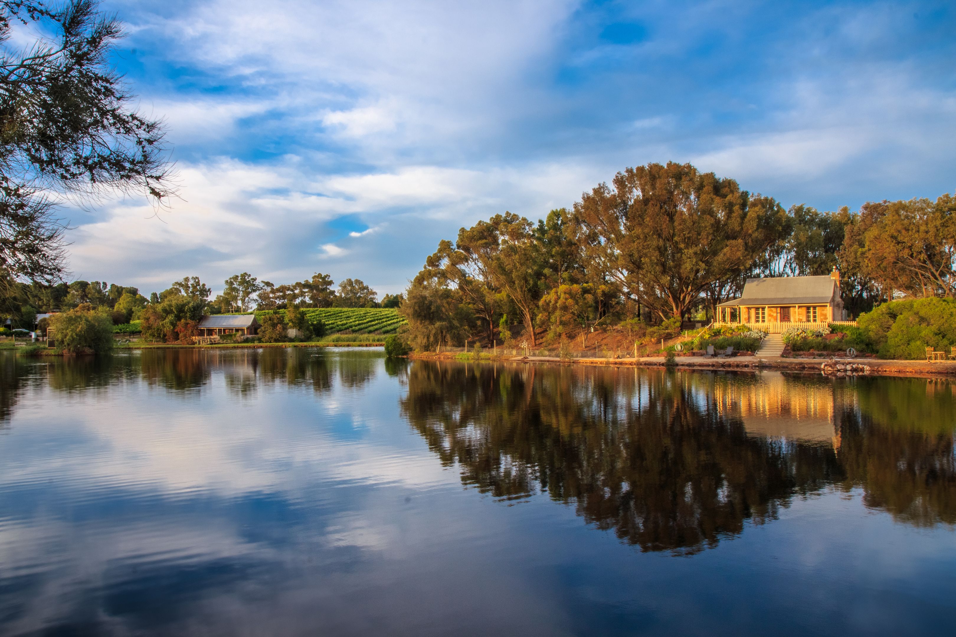 A serene lakeside property with a large house, lush greenery, and a calm water body reflecting the surroundings.