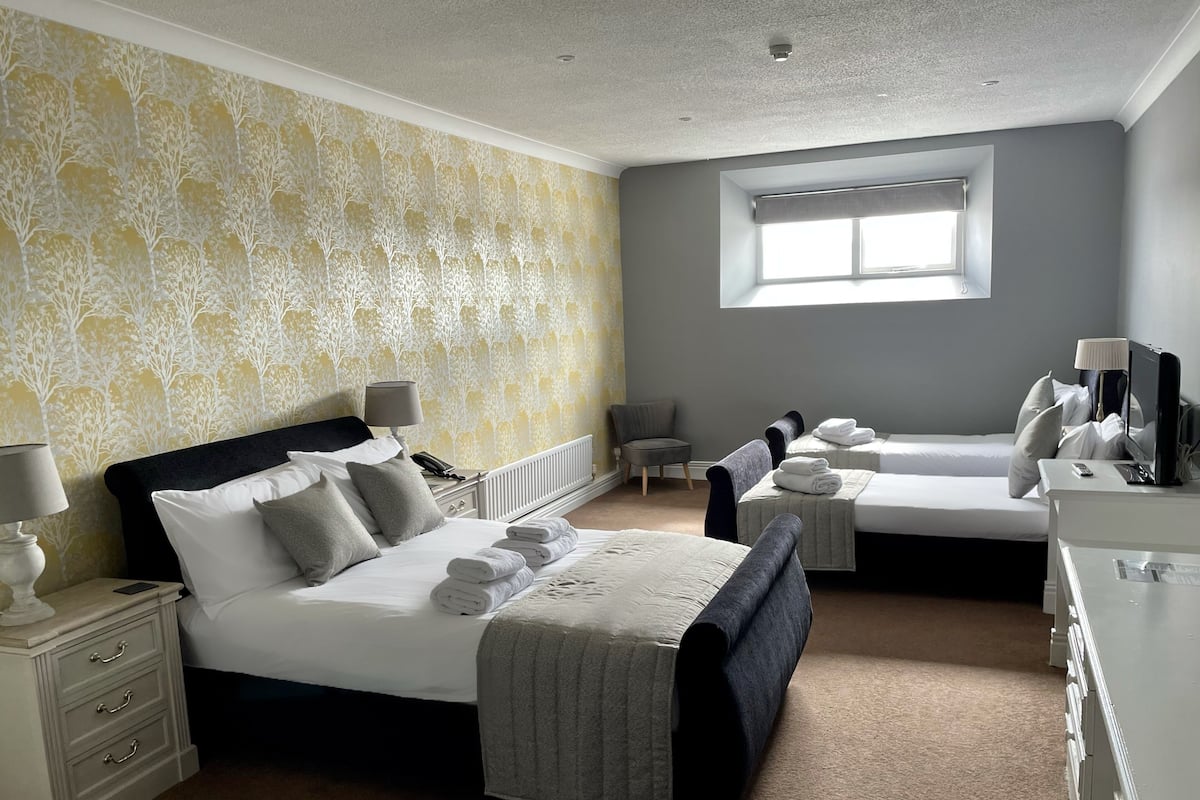 A hotel room with a large bed, a smaller bed, a desk, and a chair. There is a window providing natural light and a decorative wall with a tree pattern.