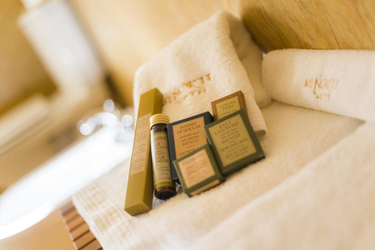 free toiletries, hair dryer, towels