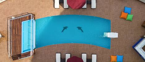 A swimming pool with two dolphins, surrounded by lounge chairs and umbrellas.