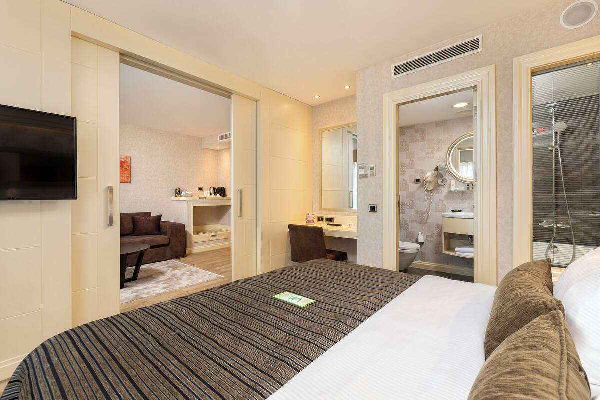 Hotelkamer met een groot bed, een flatscreen-tv, een bank, een bureau en een badkamer met douche en spiegel.