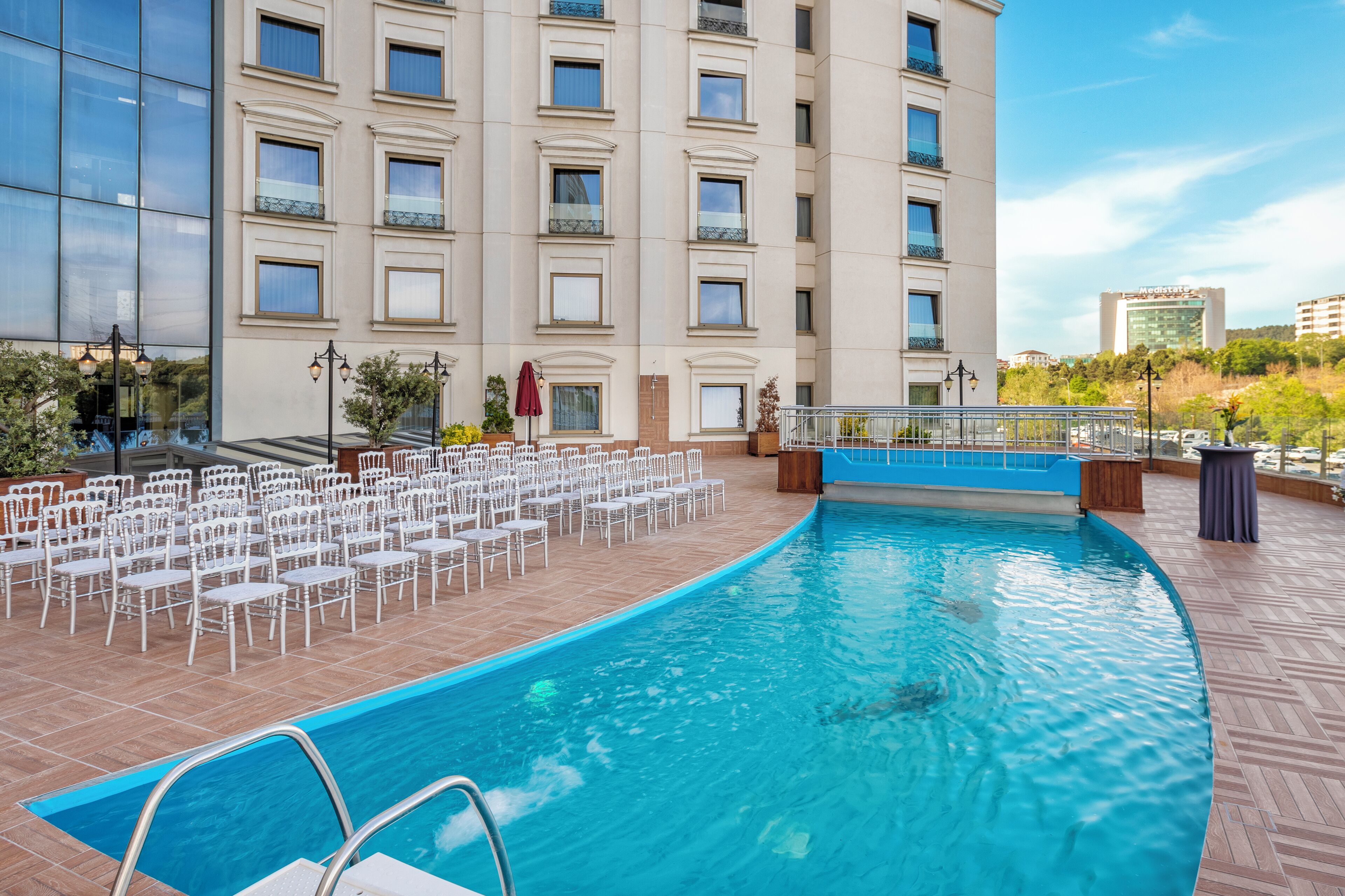 Indoor pool, outdoor pool, sun loungers