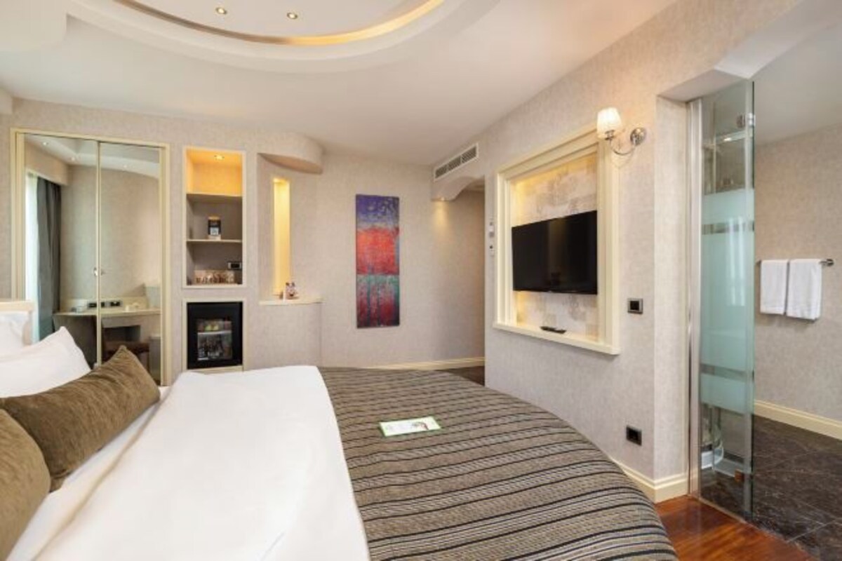 Habitación de hotel con cama, televisor, baño y ducha de vidrio.