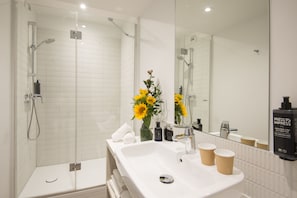 Shower, eco-friendly toiletries, hair dryer, towels