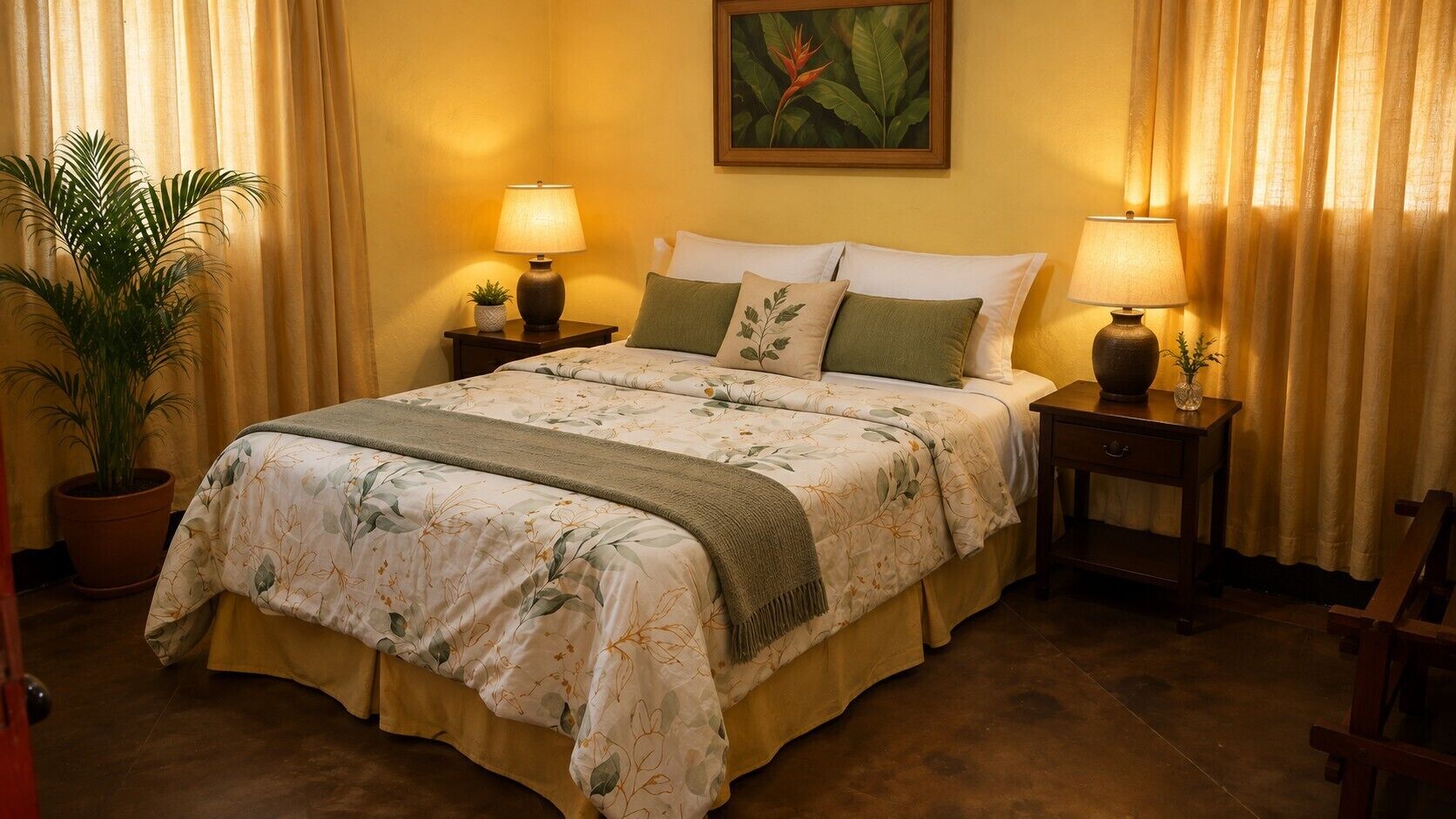 A hotel room with a bed, two bedside tables, a potted plant, and a painting on the wall.