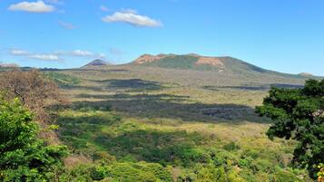A mountainous landscape with dense forest and clear skies.