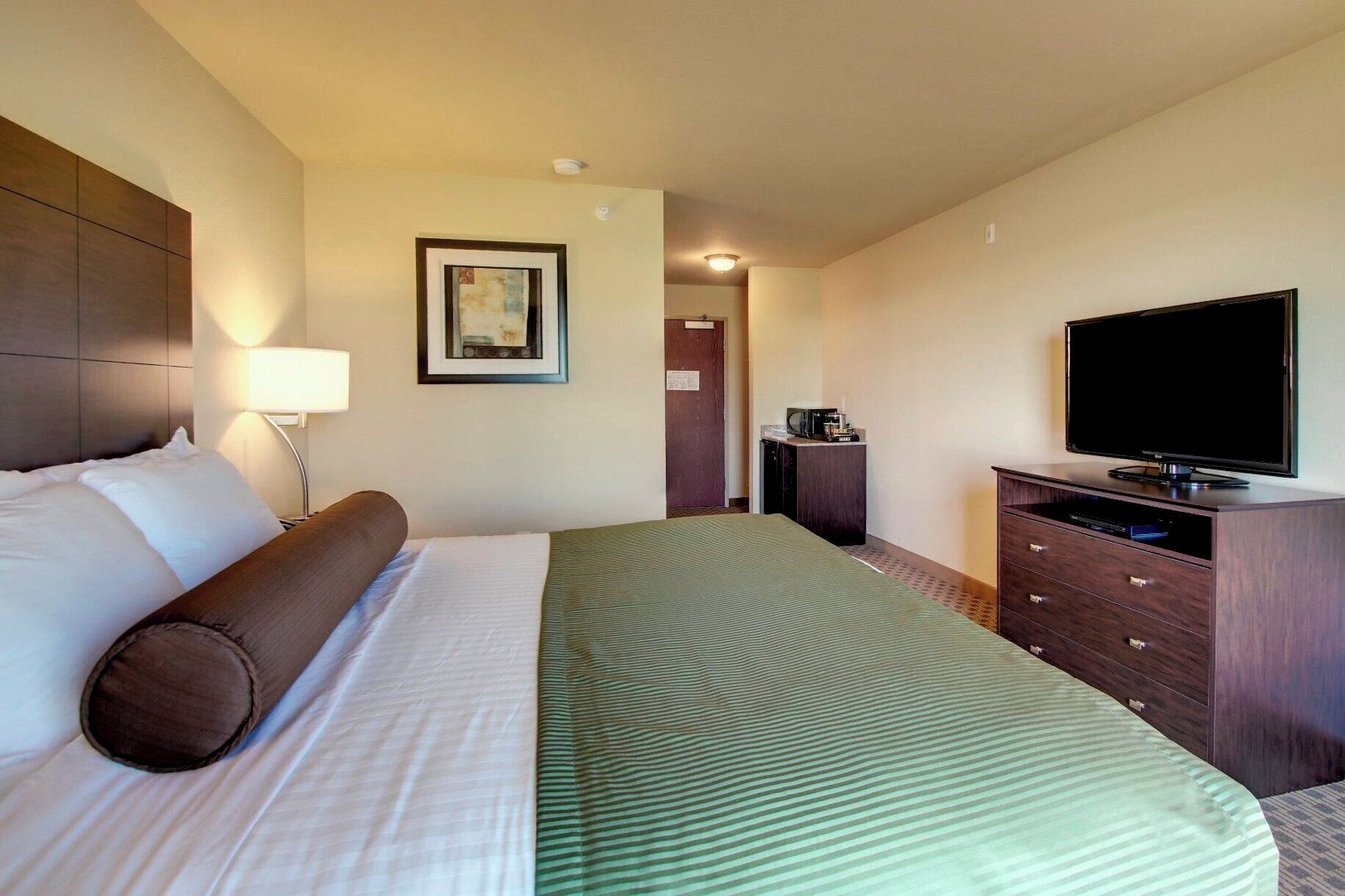 Une chambre d’hôtel avec un lit, une télévision, une commode et un tableau encadré au mur.